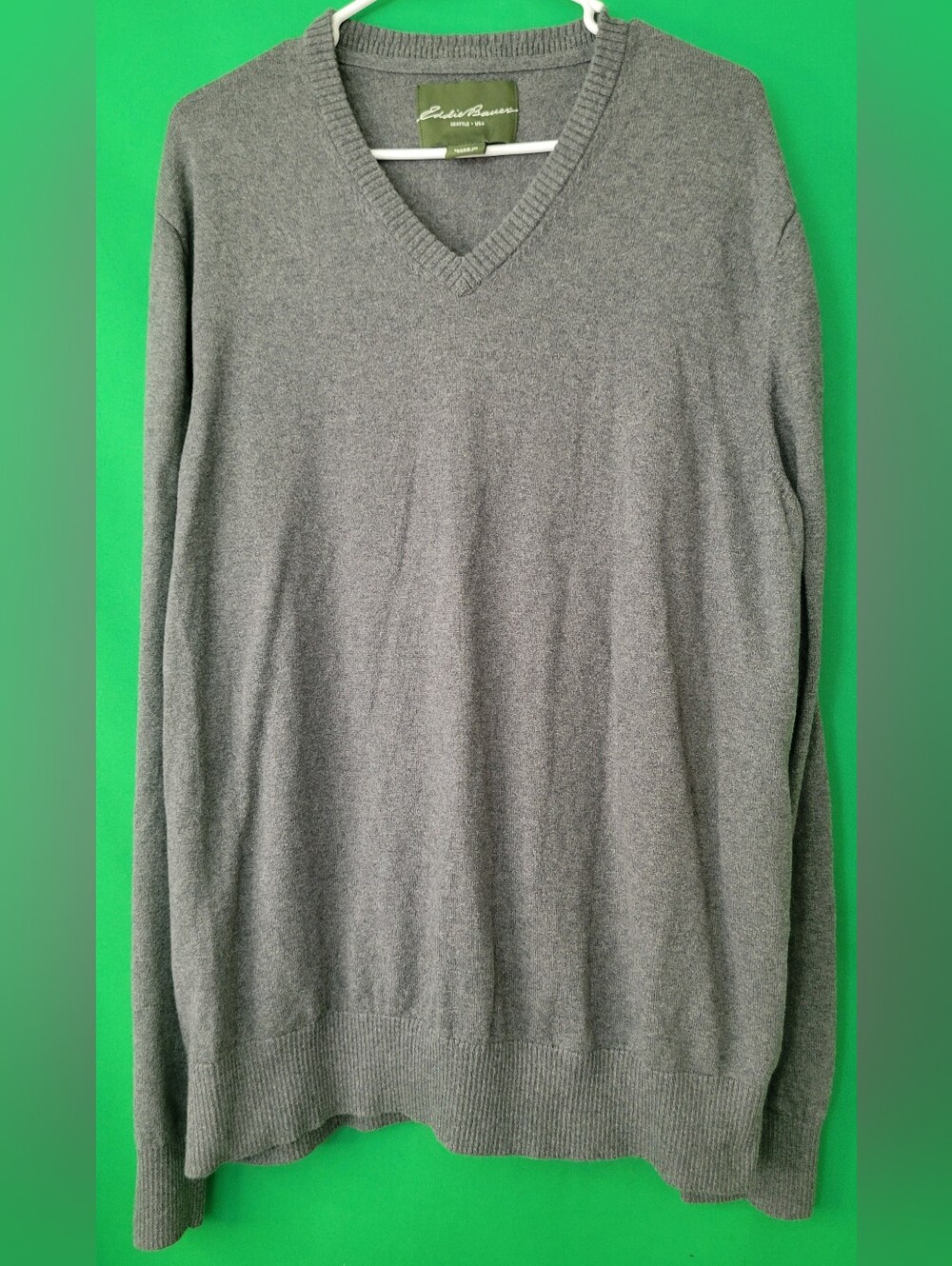 Eddie Bauer Men V-Neck Gray Sweater TXL Cashmere Cotton LS Knit XL Ribbed Top